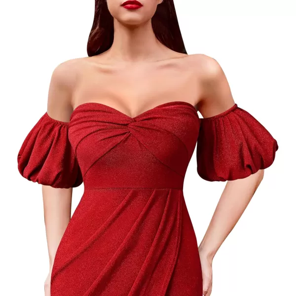 VFSHOW Womens Sexy Off Shoulder Puff Sleeve Ruched Prom Formal Maxi Dress 2023 Twist Front Tulip Faux Wrap Split Evening GownSparkly Red