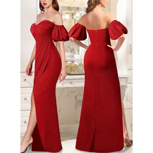 VFSHOW Womens Sexy Off Shoulder Puff Sleeve Ruched Prom Formal Maxi Dress 2023 Twist Front Tulip Faux Wrap Split Evening GownSparkly Red