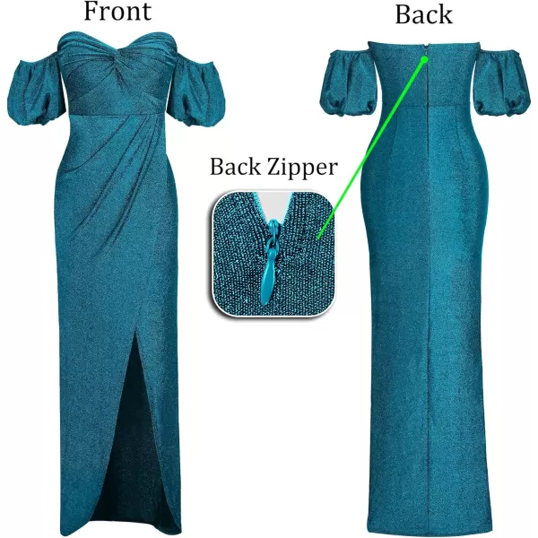 VFSHOW Womens Sexy Off Shoulder Puff Sleeve Ruched Prom Formal Maxi Dress 2023 Twist Front Tulip Faux Wrap Split Evening GownSparkly Teal Blue