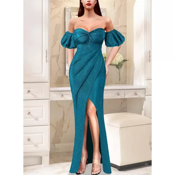 VFSHOW Womens Sexy Off Shoulder Puff Sleeve Ruched Prom Formal Maxi Dress 2023 Twist Front Tulip Faux Wrap Split Evening GownSparkly Teal Blue