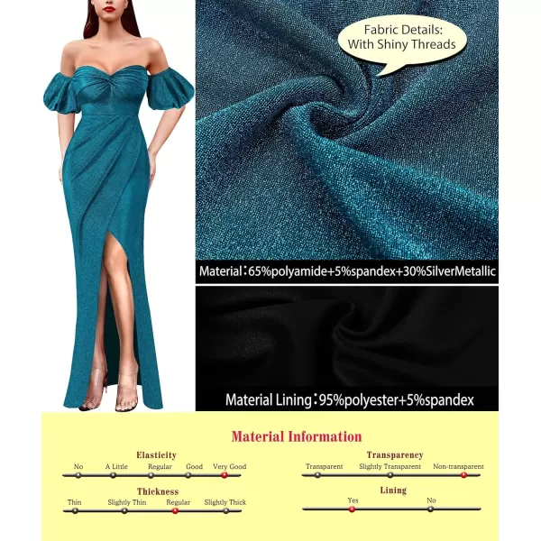 VFSHOW Womens Sexy Off Shoulder Puff Sleeve Ruched Prom Formal Maxi Dress 2023 Twist Front Tulip Faux Wrap Split Evening GownSparkly Teal Blue