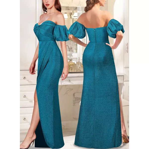 VFSHOW Womens Sexy Off Shoulder Puff Sleeve Ruched Prom Formal Maxi Dress 2023 Twist Front Tulip Faux Wrap Split Evening GownSparkly Teal Blue