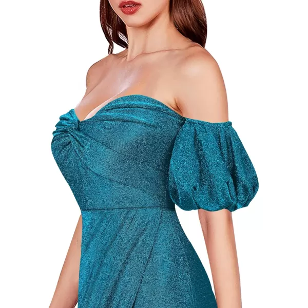 VFSHOW Womens Sexy Off Shoulder Puff Sleeve Ruched Prom Formal Maxi Dress 2023 Twist Front Tulip Faux Wrap Split Evening GownSparkly Teal Blue