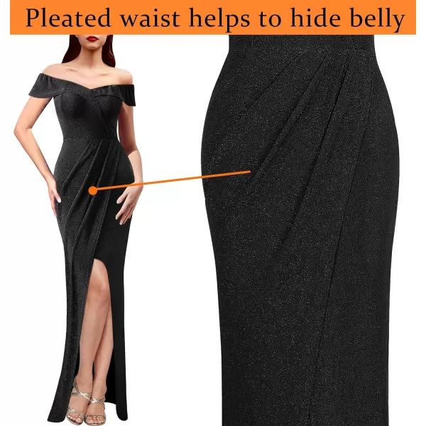 VFSHOW Womens Sexy Off Shoulder Ruched Formal Prom Wedding Guest Maxi Dress 2023 Tulip Faux Wrap Front Slit Evening Long GownSparkly Black