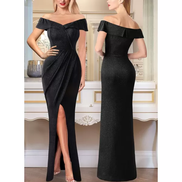 VFSHOW Womens Sexy Off Shoulder Ruched Formal Prom Wedding Guest Maxi Dress 2023 Tulip Faux Wrap Front Slit Evening Long GownSparkly Black