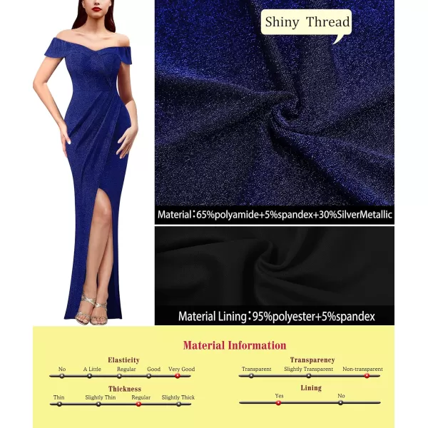 VFSHOW Womens Sexy Off Shoulder Ruched Formal Prom Wedding Guest Maxi Dress 2023 Tulip Faux Wrap Front Slit Evening Long GownSparkly Blue