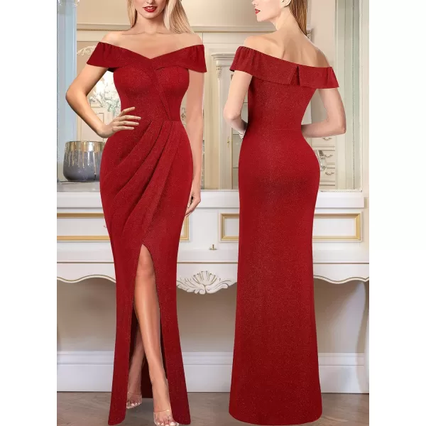 VFSHOW Womens Sexy Off Shoulder Ruched Formal Prom Wedding Guest Maxi Dress 2023 Tulip Faux Wrap Front Slit Evening Long GownSparkly Red