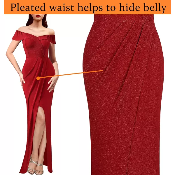 VFSHOW Womens Sexy Off Shoulder Ruched Formal Prom Wedding Guest Maxi Dress 2023 Tulip Faux Wrap Front Slit Evening Long GownSparkly Red