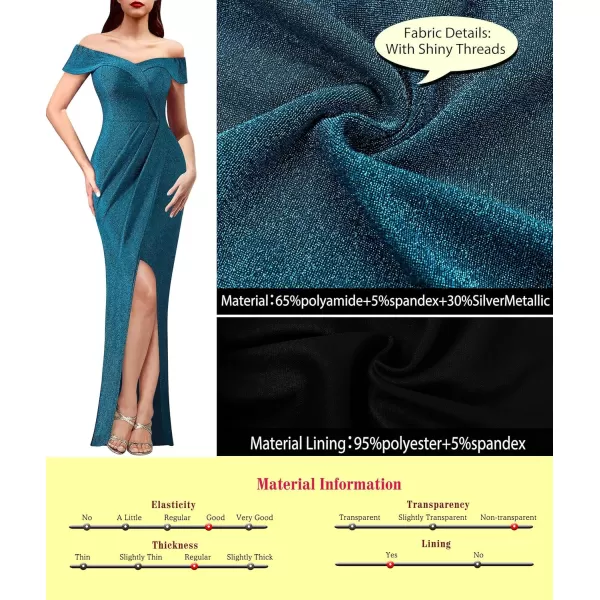 VFSHOW Womens Sexy Off Shoulder Ruched Formal Prom Wedding Guest Maxi Dress 2023 Tulip Faux Wrap Front Slit Evening Long GownSparkly Teal Blue