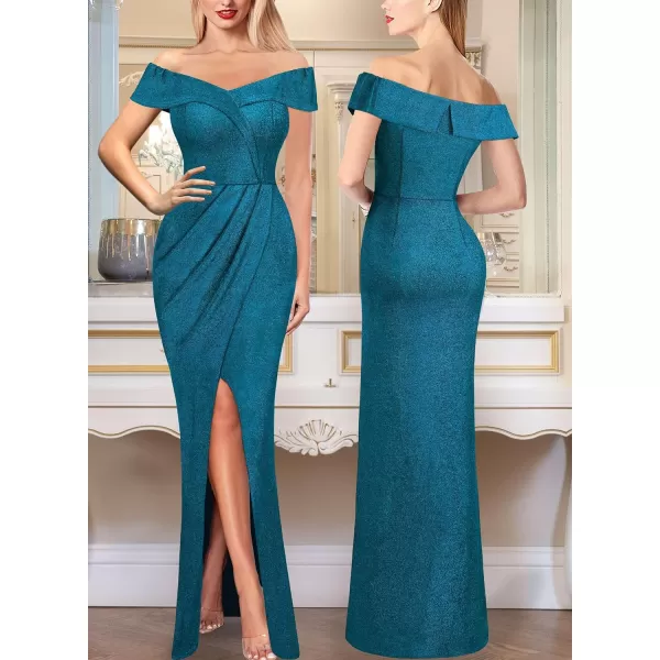 VFSHOW Womens Sexy Off Shoulder Ruched Formal Prom Wedding Guest Maxi Dress 2023 Tulip Faux Wrap Front Slit Evening Long GownSparkly Teal Blue