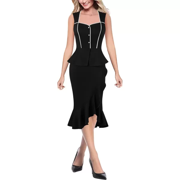 VFSHOW Womens Square Neck Peplum Ruffle Cocktail Office Party Business Banquet Mermaid Midi Dress 2023 Button Bodycon DressBlack  Off White Piping