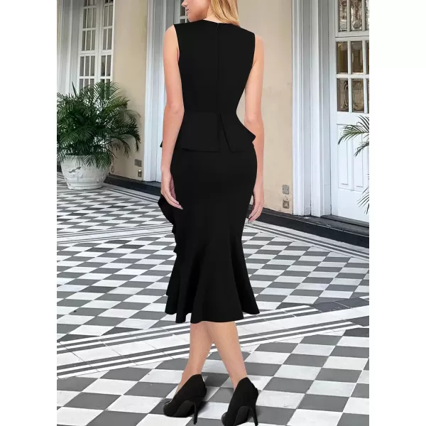 VFSHOW Womens Square Neck Peplum Ruffle Cocktail Office Party Business Banquet Mermaid Midi Dress 2023 Button Bodycon DressBlack  Off White Piping