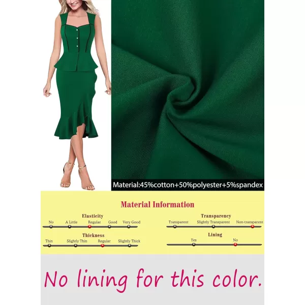 VFSHOW Womens Square Neck Peplum Ruffle Cocktail Office Party Business Banquet Mermaid Midi Dress 2023 Button Bodycon DressGreen  Black Piping