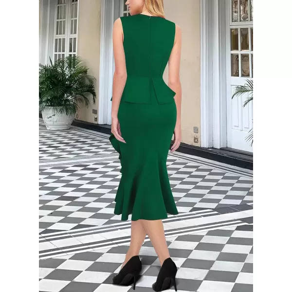 VFSHOW Womens Square Neck Peplum Ruffle Cocktail Office Party Business Banquet Mermaid Midi Dress 2023 Button Bodycon DressGreen  Black Piping