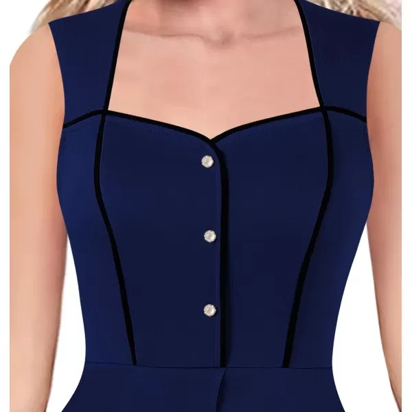 VFSHOW Womens Square Neck Peplum Ruffle Cocktail Office Party Business Banquet Mermaid Midi Dress 2023 Button Bodycon DressNavy Blue  Black Piping