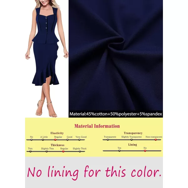 VFSHOW Womens Square Neck Peplum Ruffle Cocktail Office Party Business Banquet Mermaid Midi Dress 2023 Button Bodycon DressNavy Blue  Black Piping