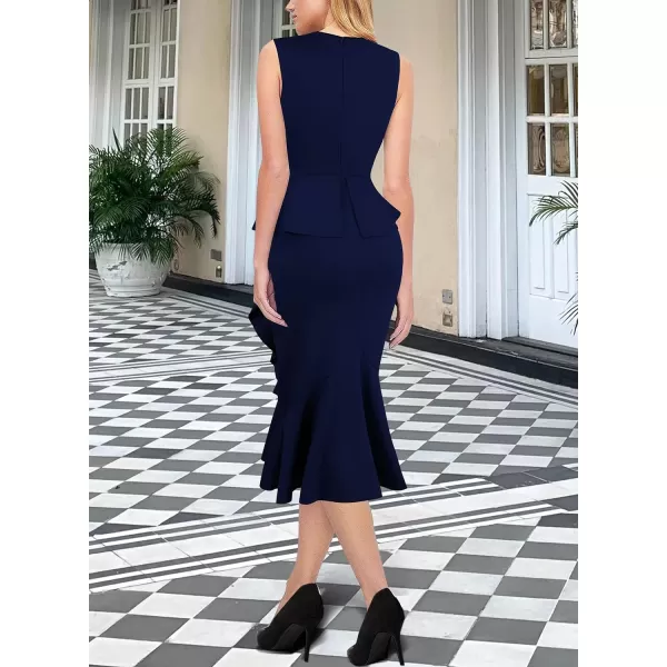 VFSHOW Womens Square Neck Peplum Ruffle Cocktail Office Party Business Banquet Mermaid Midi Dress 2023 Button Bodycon DressNavy Blue  Black Piping