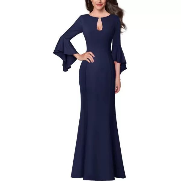 VFSHOW Womens Keyhole Front Bell Sleeve Formal Evening Wedding Party Maxi DressNavy Blue2