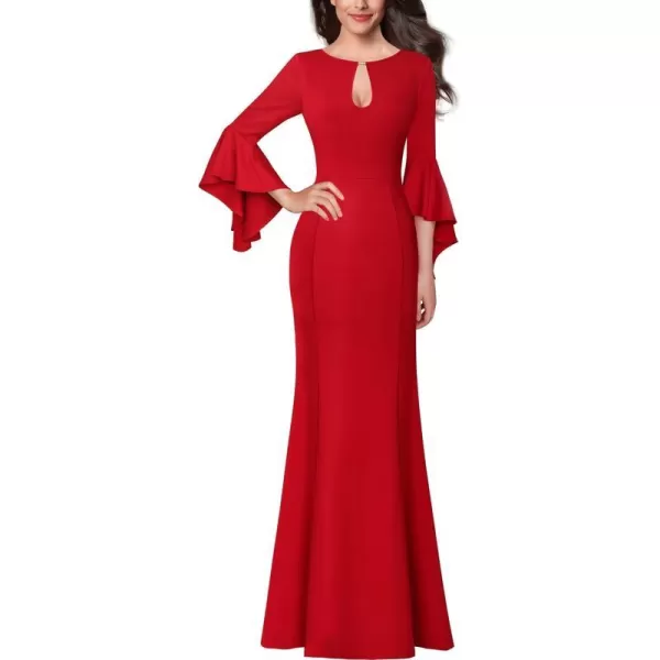 VFSHOW Womens Keyhole Front Bell Sleeve Formal Evening Wedding Party Maxi DressRed