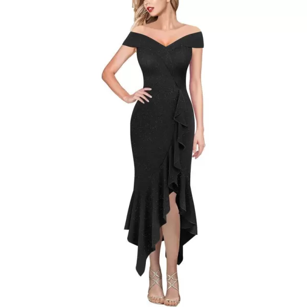 VFSHOW Womens Off Shoulder Ruffle Split Cocktail Bridesmaid 2023 Wedding Guest Hi Low Mermaid Midi DressShimmery Black2