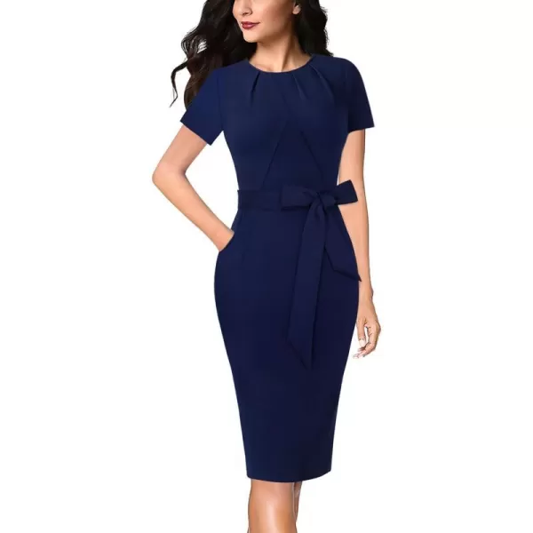 VFSHOW Womens Pleated Crew Neck Belted Pockets Slim Work Business Office Bodycon Pencil Sheath DressNavy Blue3