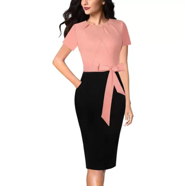 VFSHOW Womens Pleated Crew Neck Belted Pockets Slim Work Business Office Bodycon Pencil Sheath DressPeach and Black