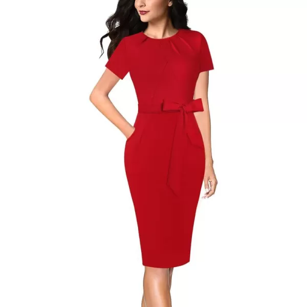 VFSHOW Womens Pleated Crew Neck Belted Pockets Slim Work Business Office Bodycon Pencil Sheath DressRed3