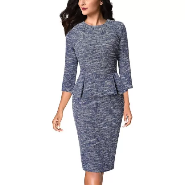 VFSHOW Womens Pleated Crew Neck Peplum Work Office Business Bodycon Sheath DressBlue Tweed