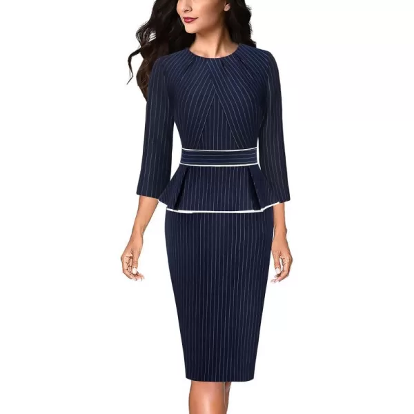 VFSHOW Womens Pleated Crew Neck Peplum Work Office Business Bodycon Sheath DressDark Blue  White Stripes