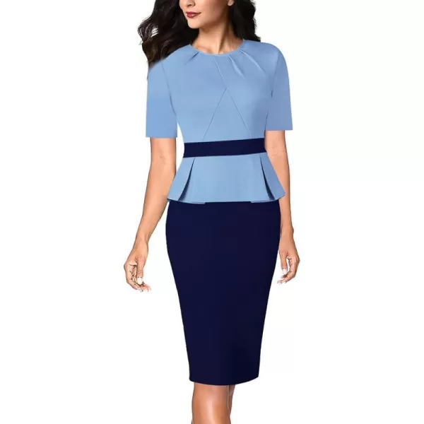 VFSHOW Womens Pleated Crew Neck Peplum Work Office Business Bodycon Sheath DressLight Blue and Navyshort Sleeve