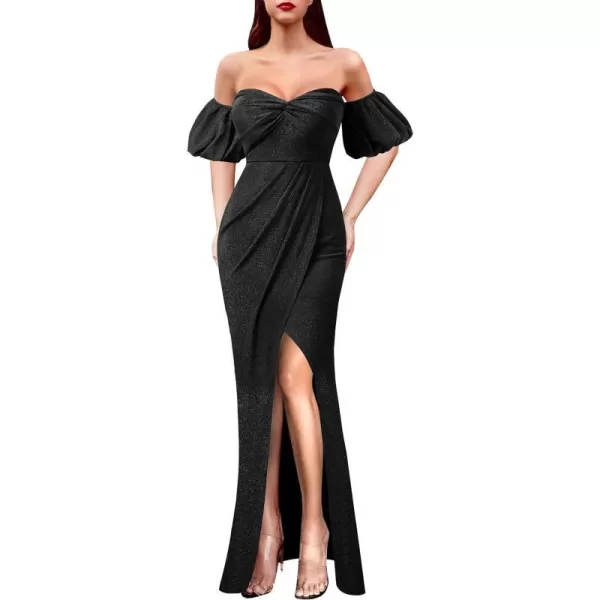 VFSHOW Womens Sexy Off Shoulder Puff Sleeve Ruched Prom Formal Maxi Dress 2023 Twist Front Tulip Faux Wrap Split Evening GownSparkly Black