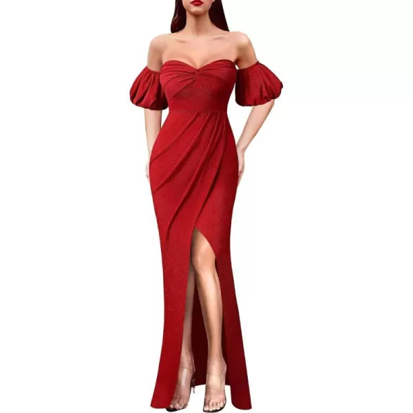 VFSHOW Womens Sexy Off Shoulder Puff Sleeve Ruched Prom Formal Maxi Dress 2023 Twist Front Tulip Faux Wrap Split Evening GownSparkly Red