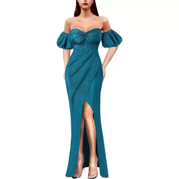 VFSHOW Womens Sexy Off Shoulder Puff Sleeve Ruched Prom Formal Maxi Dress 2023 Twist Front Tulip Faux Wrap Split Evening GownSparkly Teal Blue