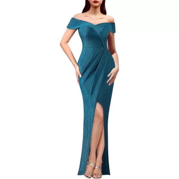 VFSHOW Womens Sexy Off Shoulder Ruched Formal Prom Wedding Guest Maxi Dress 2023 Tulip Faux Wrap Front Slit Evening Long GownSparkly Teal Blue