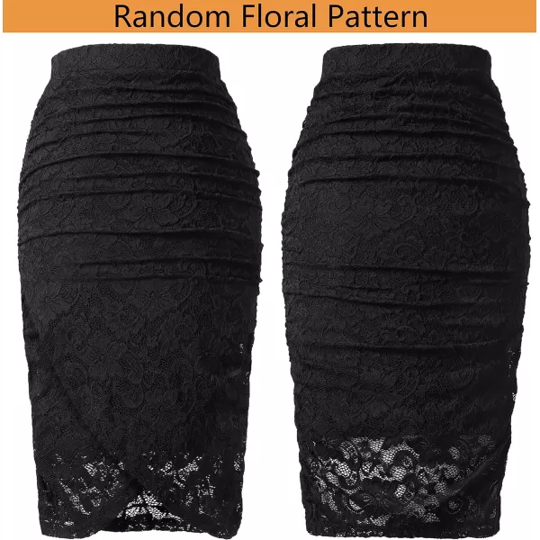 VFSHOW Womens Elegant Ruched Ruffle High Waist Casual Pencil Midi MidCalf SkirtBlack Floral Lace