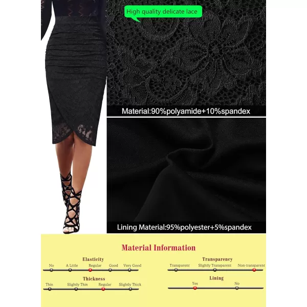 VFSHOW Womens Elegant Ruched Ruffle High Waist Casual Pencil Midi MidCalf SkirtBlack Floral Lace