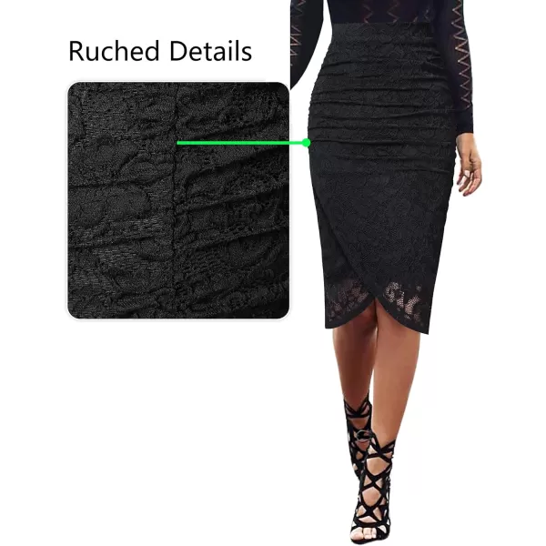 VFSHOW Womens Elegant Ruched Ruffle High Waist Casual Pencil Midi MidCalf SkirtBlack Floral Lace