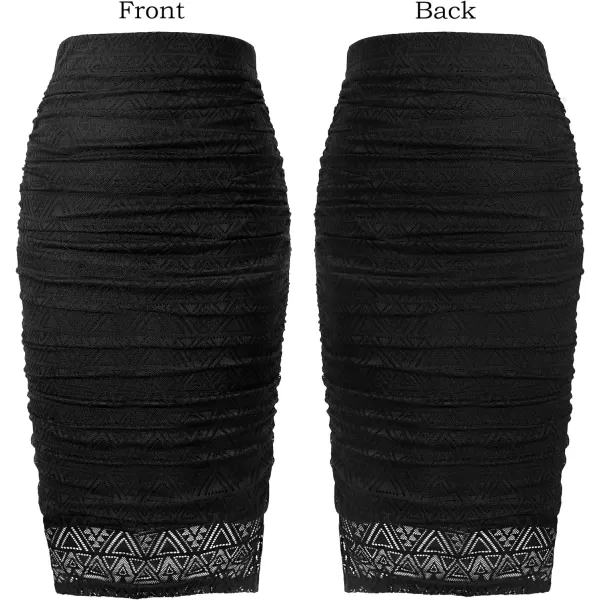 VFSHOW Womens Elegant Ruched Ruffle High Waist Casual Pencil Midi MidCalf SkirtBlack Geometric Lace