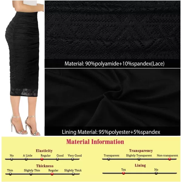 VFSHOW Womens Elegant Ruched Ruffle High Waist Casual Pencil Midi MidCalf SkirtBlack Geometric Lace