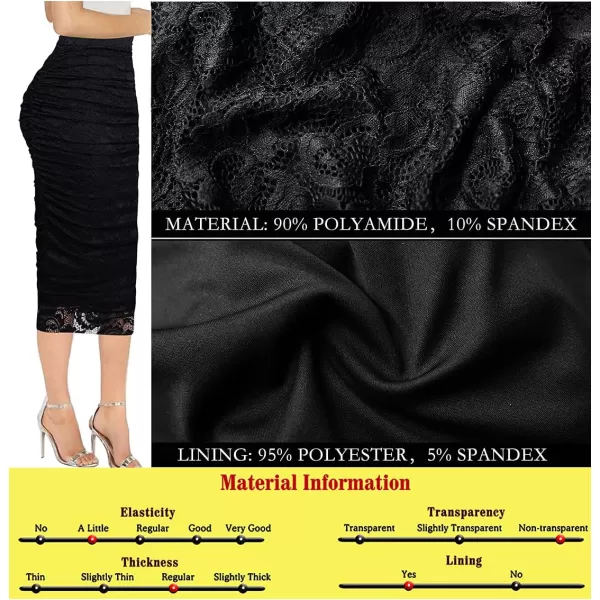 VFSHOW Womens Elegant Ruched Ruffle High Waist Casual Pencil Midi MidCalf SkirtBlack Lace