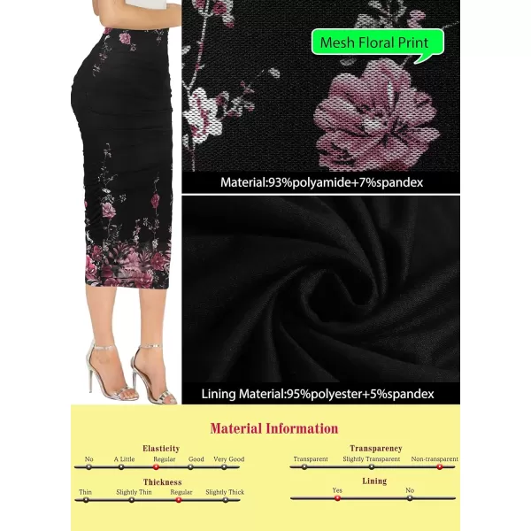 VFSHOW Womens Elegant Ruched Ruffle High Waist Casual Pencil Midi MidCalf SkirtBlack and Pink Floral Print