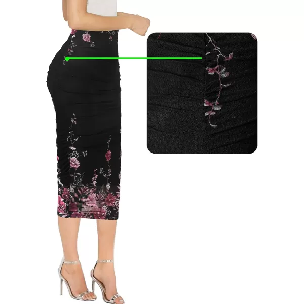 VFSHOW Womens Elegant Ruched Ruffle High Waist Casual Pencil Midi MidCalf SkirtBlack and Pink Floral Print