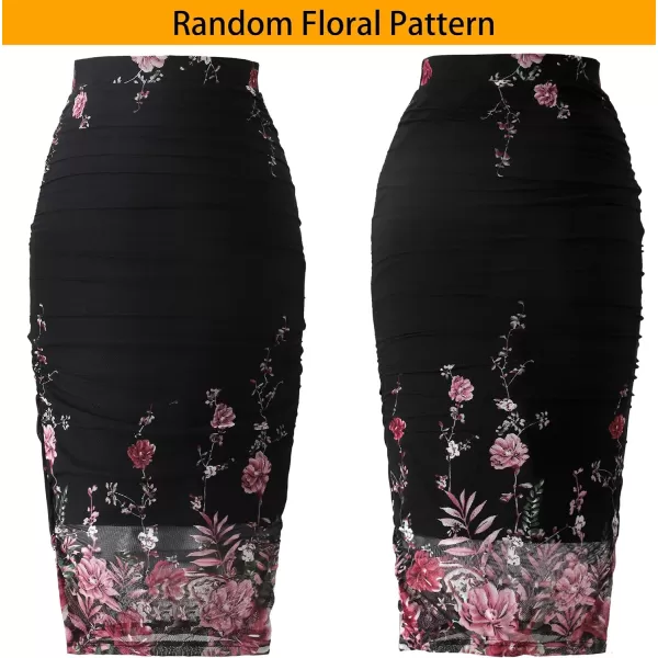 VFSHOW Womens Elegant Ruched Ruffle High Waist Casual Pencil Midi MidCalf SkirtBlack and Pink Floral Print