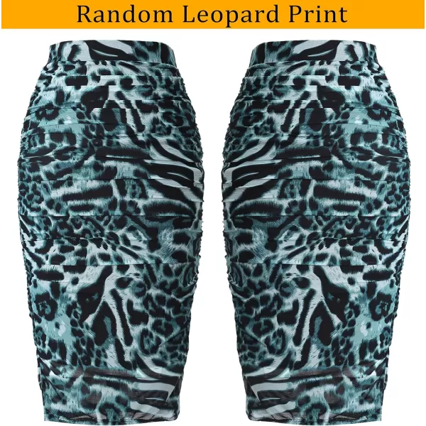 VFSHOW Womens Elegant Ruched Ruffle High Waist Casual Pencil Midi MidCalf SkirtBlue Leopard Print
