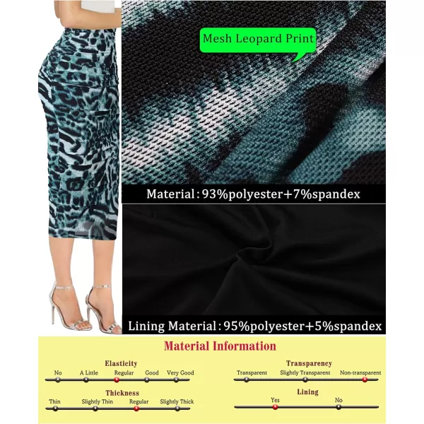 VFSHOW Womens Elegant Ruched Ruffle High Waist Casual Pencil Midi MidCalf SkirtBlue Leopard Print