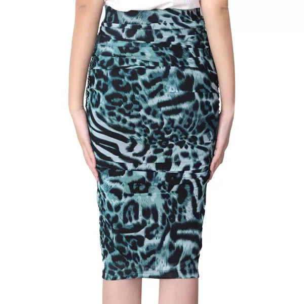 VFSHOW Womens Elegant Ruched Ruffle High Waist Casual Pencil Midi MidCalf SkirtBlue Leopard Print