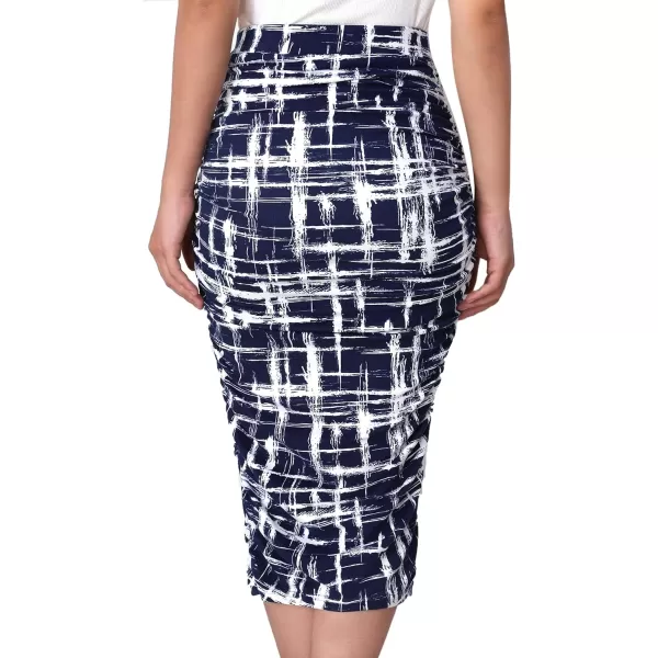 VFSHOW Womens Elegant Ruched Ruffle High Waist Casual Pencil Midi MidCalf SkirtBlue and White Geometric Print3