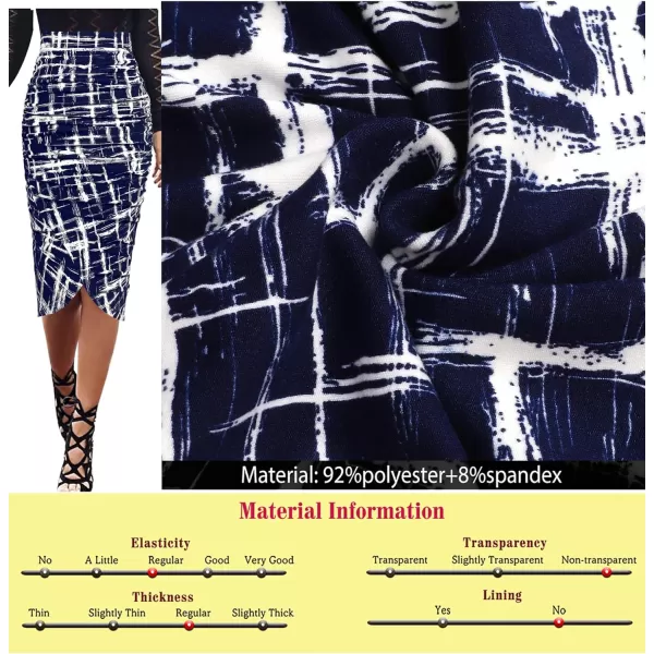 VFSHOW Womens Elegant Ruched Ruffle High Waist Casual Pencil Midi MidCalf SkirtBlue and White Geometric Print3