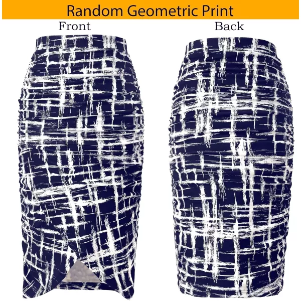 VFSHOW Womens Elegant Ruched Ruffle High Waist Casual Pencil Midi MidCalf SkirtBlue and White Geometric Print3