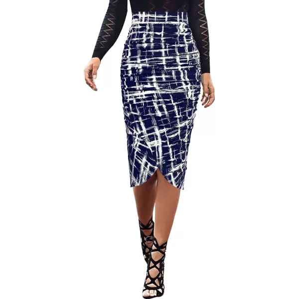 VFSHOW Womens Elegant Ruched Ruffle High Waist Casual Pencil Midi MidCalf SkirtBlue and White Geometric Print3
